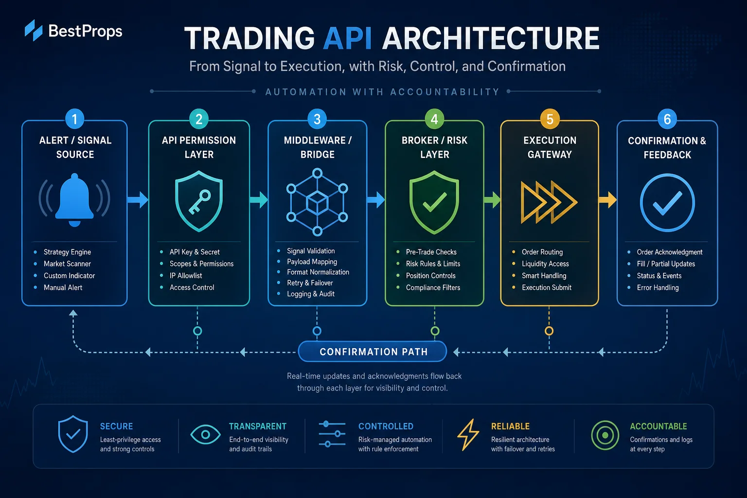 Conceptual diagram of trading API routes connecting platform alerts, middleware, broker risk checks, and execution.