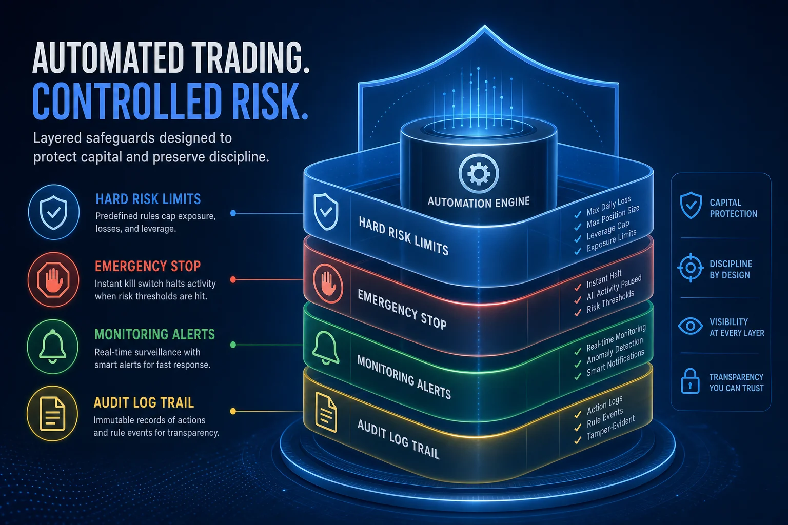 Layered automation risk-control visual with hard limits, kill switch, monitoring, and audit log concepts.