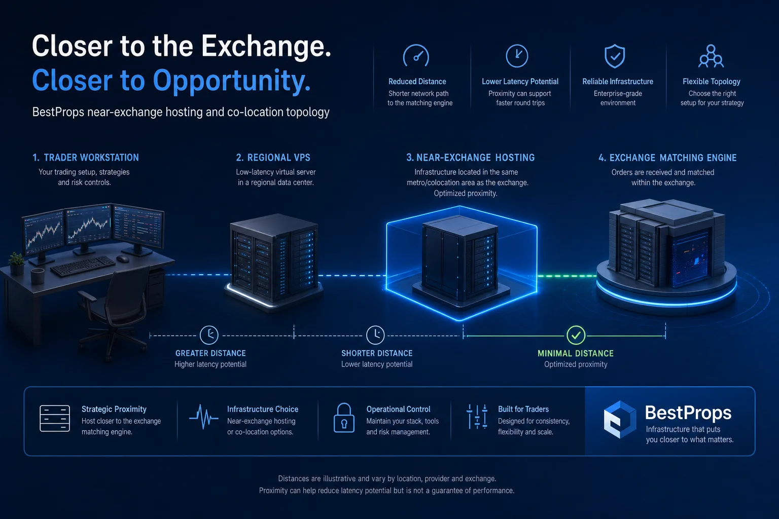Abstract topology of trader infrastructure, regional VPS, near-exchange hosting, and exchange matching proximity.