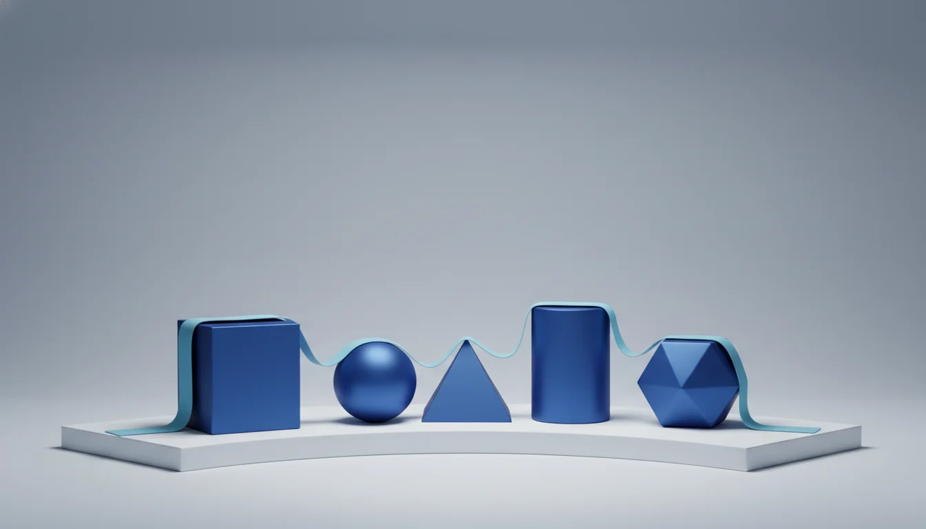 Abstract blue geometric containers connected by a curved ribbon.