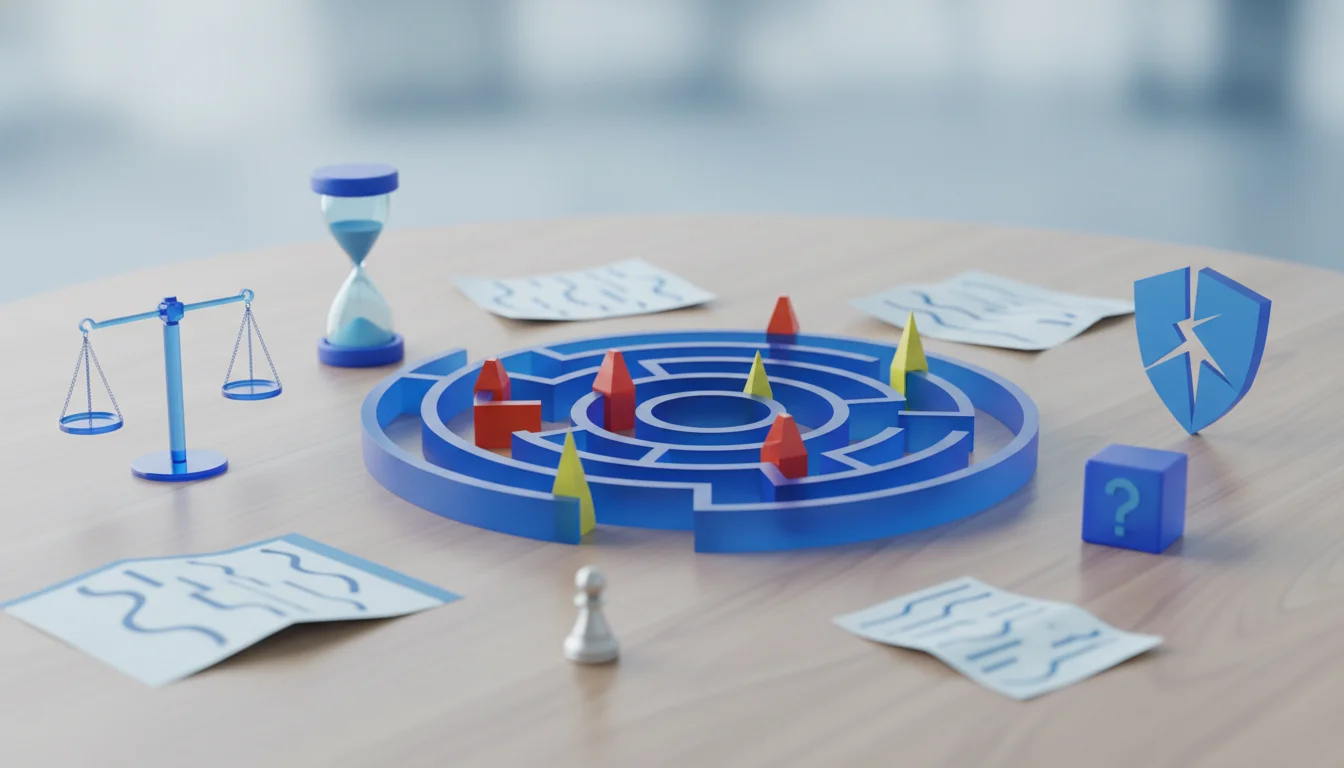 Tabletop obstacles representing complex prop firm rule traps like drawdown and fees.