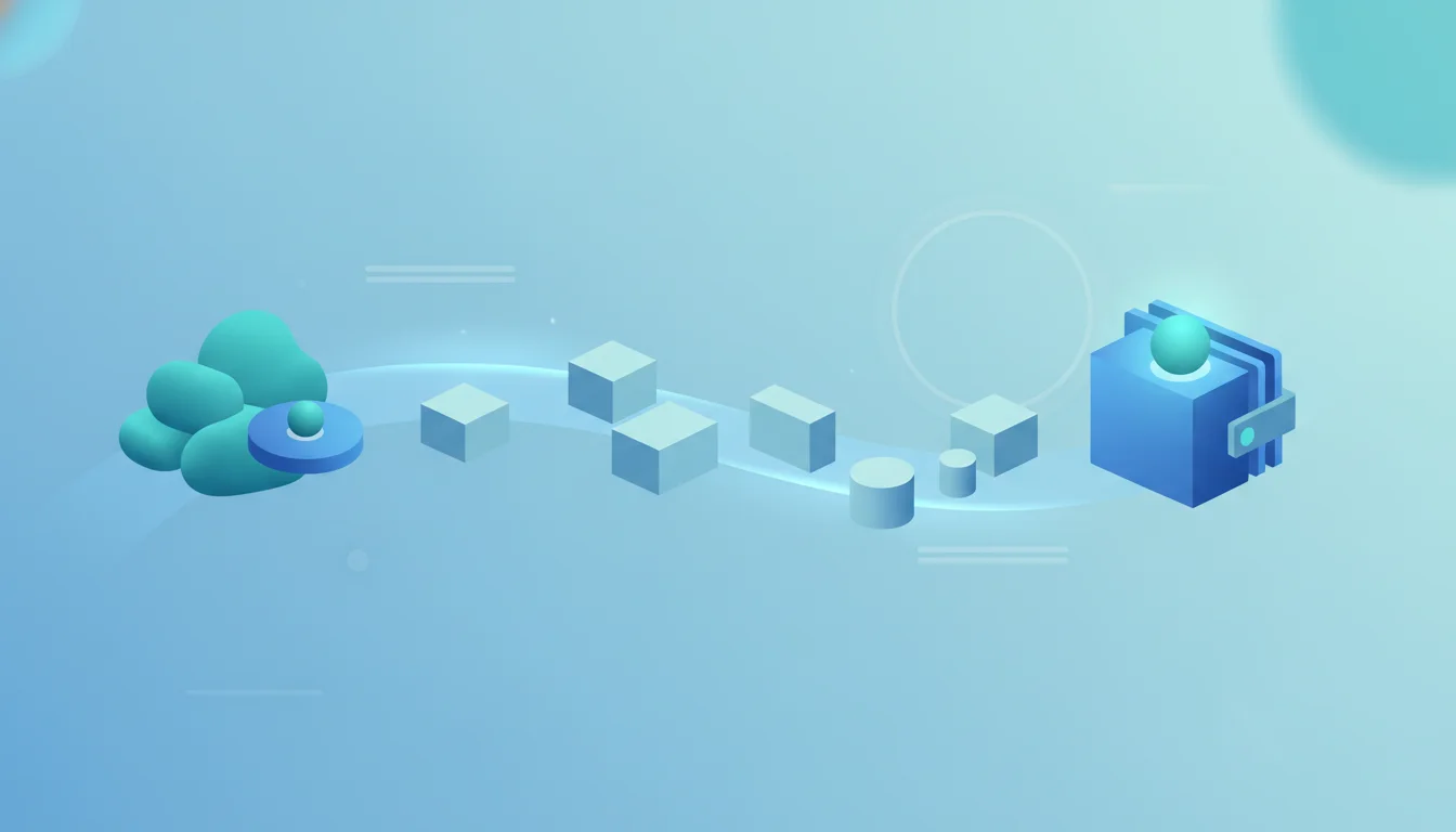 Abstract editorial illustration of payment route shapes between generic endpoints.