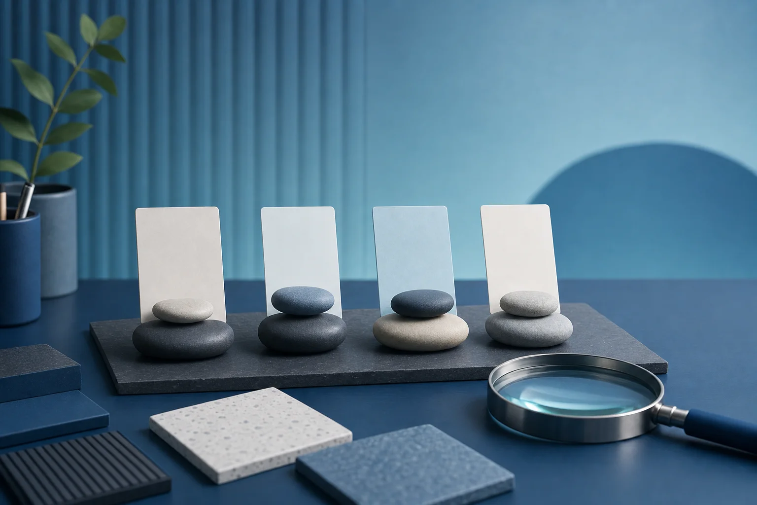 Blank comparison objects and a magnifying glass arranged for reviewing prop firm tradeoffs.