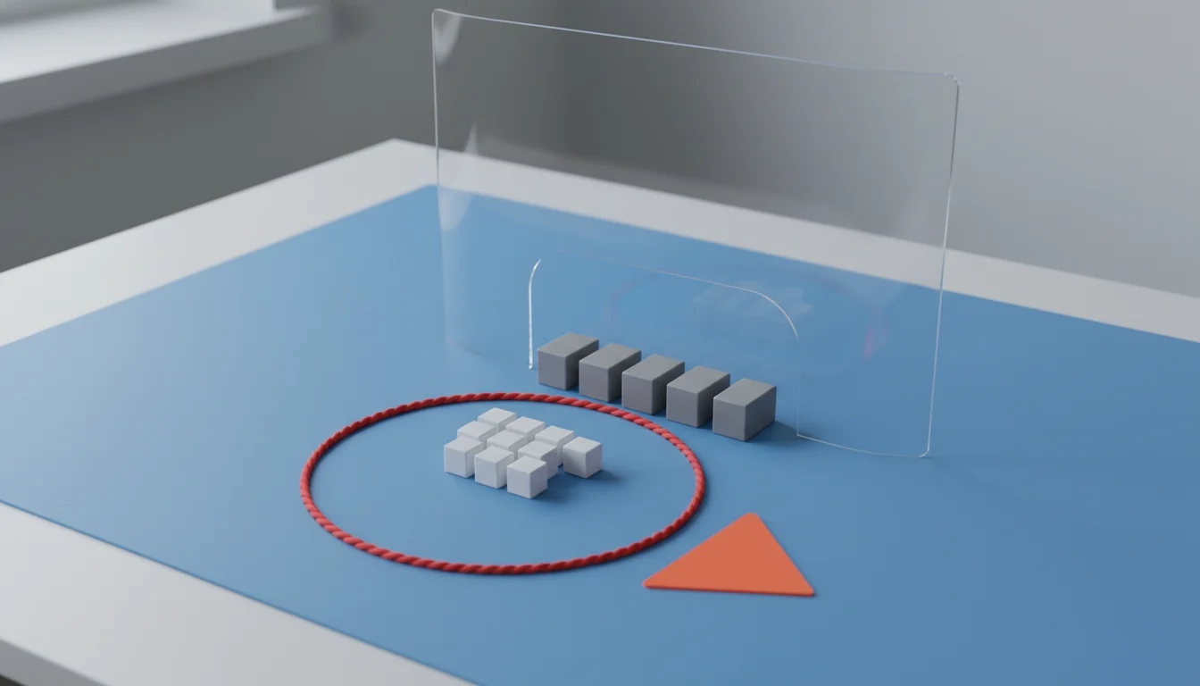 Risk-control tabletop with position blocks, a boundary cord, and protective shield for funded scalpers.