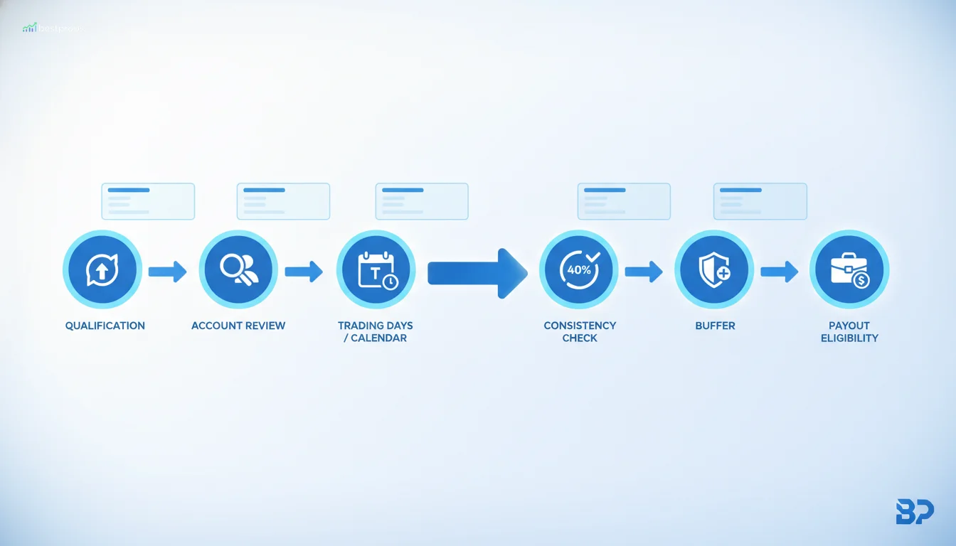 Payout readiness path with qualification, account review, consistency check, buffer, and eligibility icons.