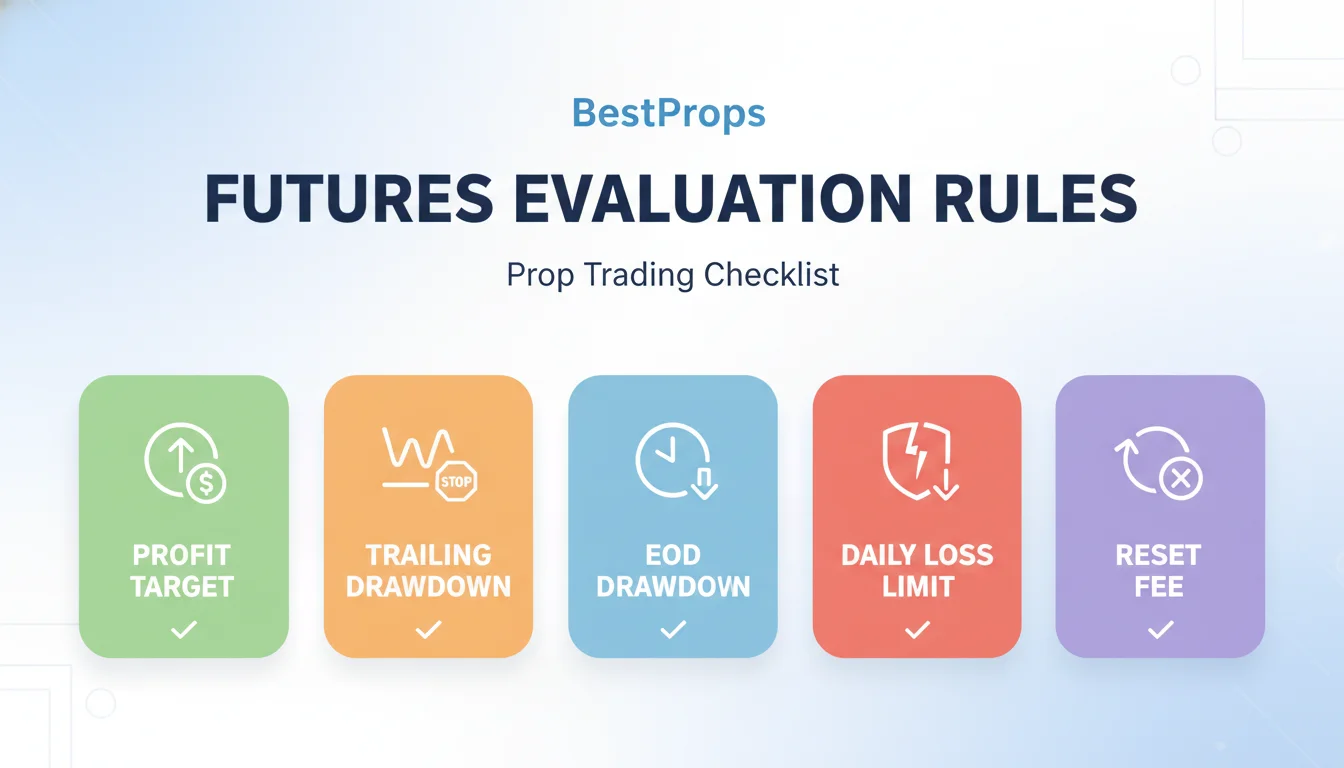Bulenox rules checklist visual showing Option 1 trailing drawdown, Option 2 EOD drawdown, daily loss limit, profit target, reset fee, and payout checks.