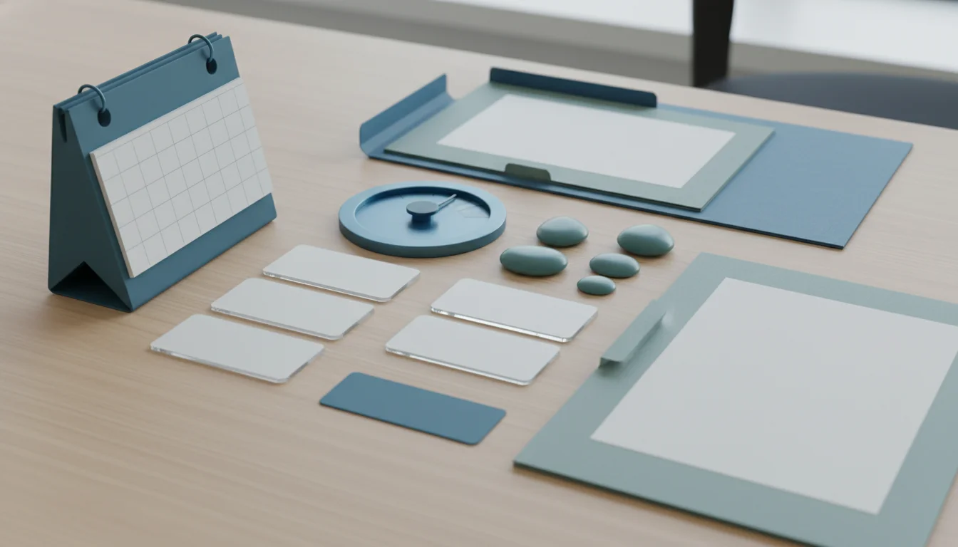Blank checklist materials, calendar, and risk control objects on a trader review desk.