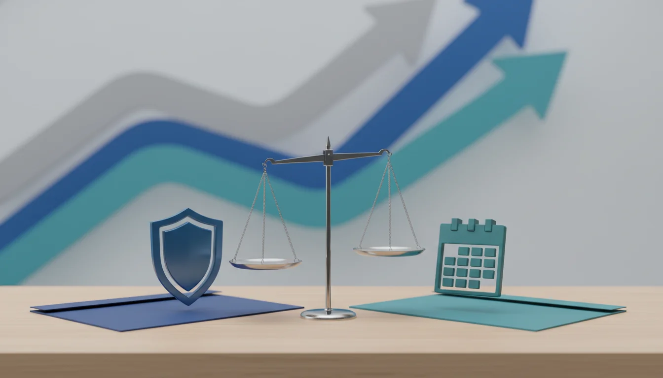 Abstract prop firm rule comparison with a balance scale, shield, and calendar.