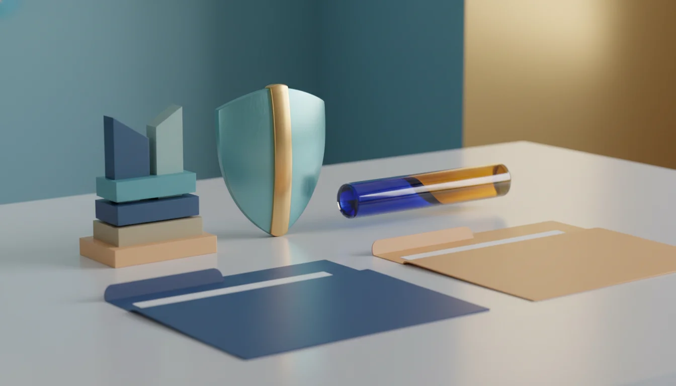 Abstract payout readiness still life with folders, a shield, and reserve buffer objects.