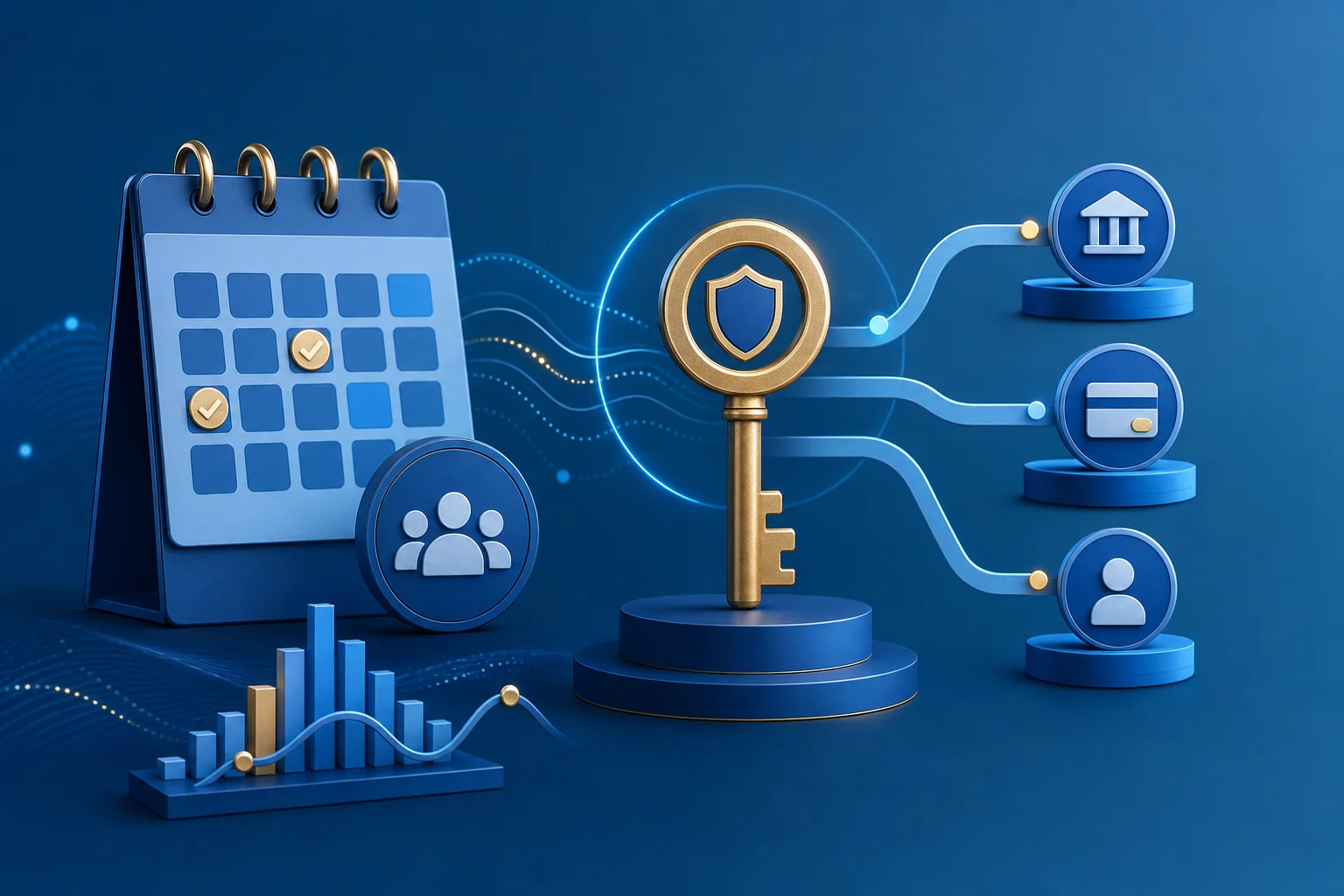 Abstract calendar and secure key visual representing payout workflow checkpoints