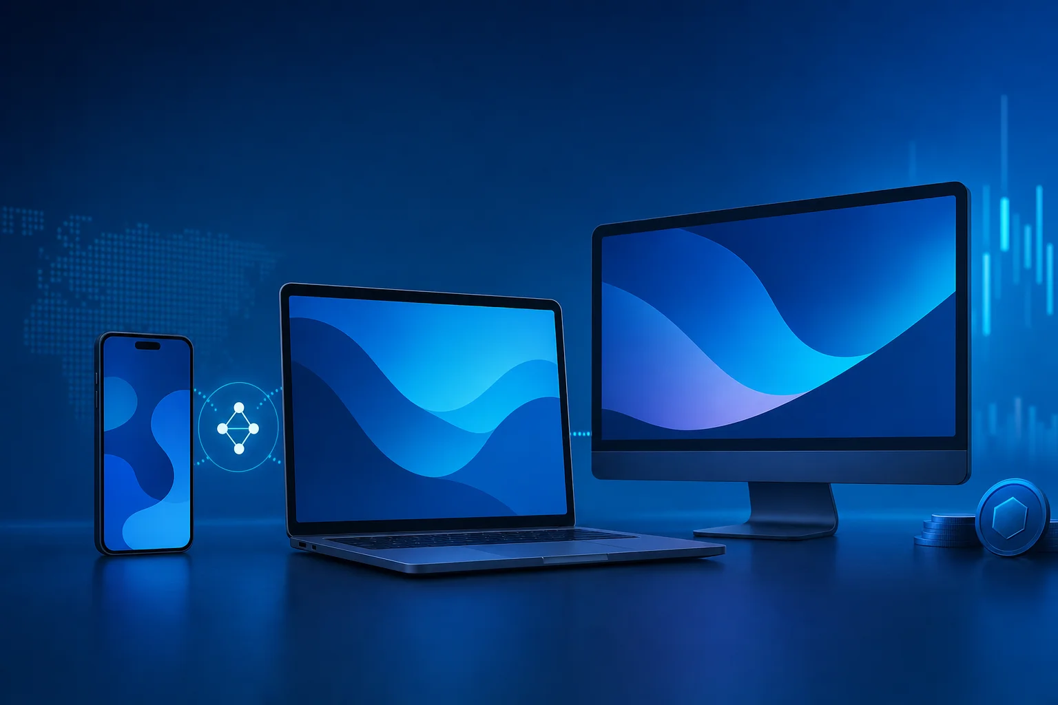 Three stylized device panels representing API, browser, and desktop trading workflows with abstract chart shapes