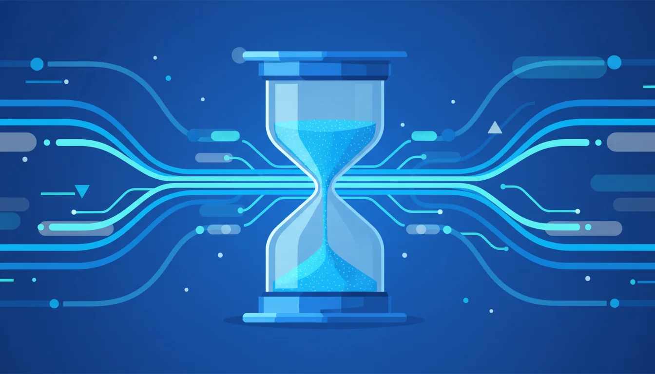 Abstract hourglass and network paths representing payout processing latency.
