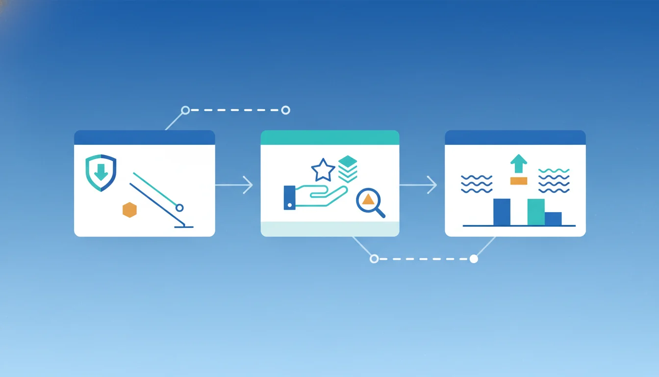 Three abstract checkpoint cards connected by a path on a blue editorial background.