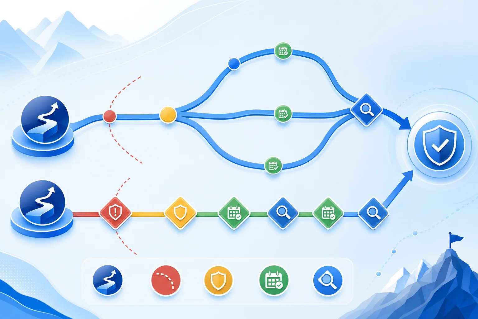 Textless comparison visual for account paths, rule checks, drawdown limits, and qualifying-day controls.