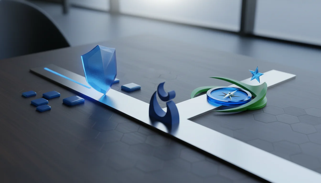 Abstract futures prop firm comparison path with shield and compass symbols.