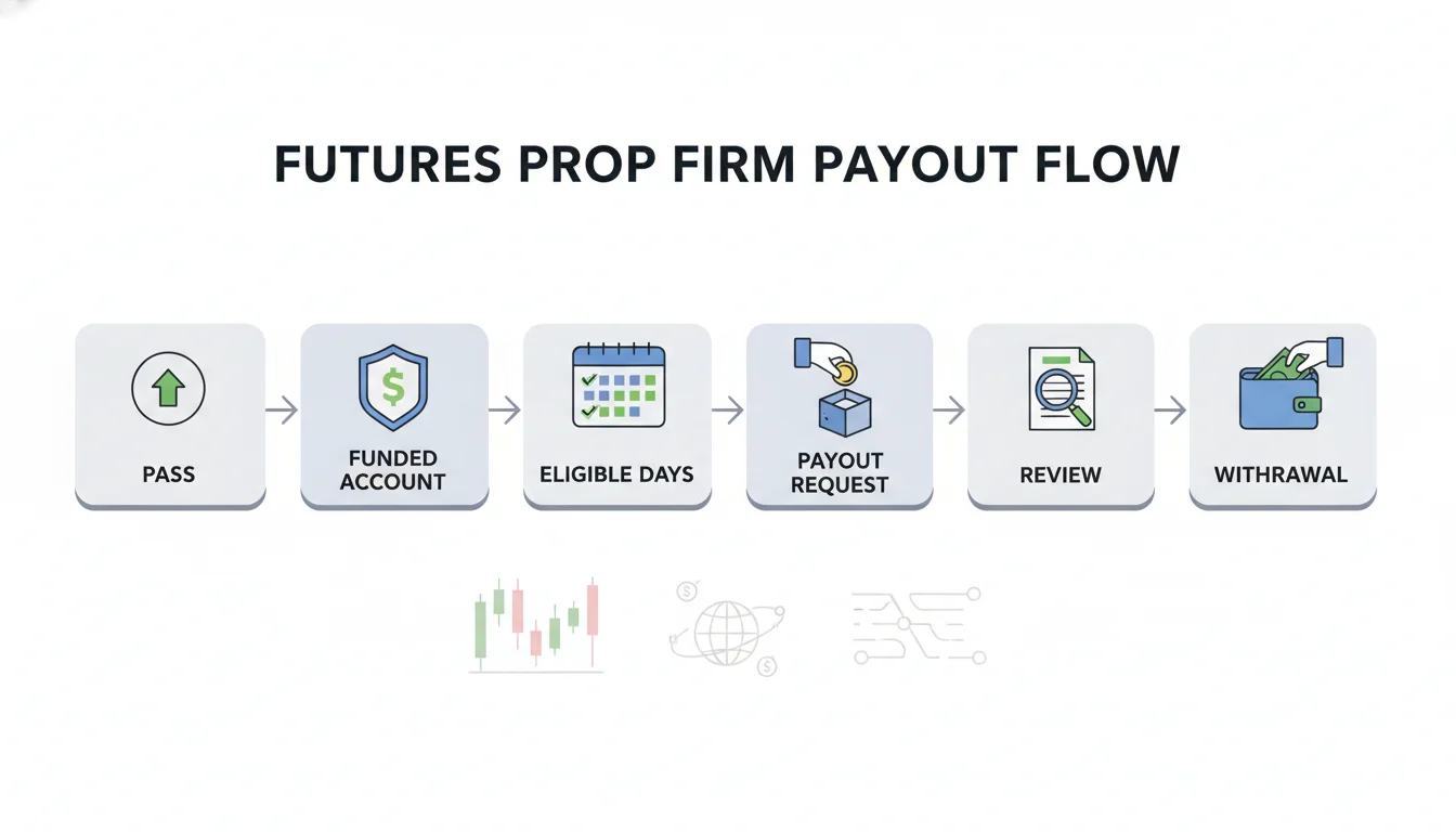 A payout flow concept showing generic steps from pass to funded account to eligible days to request review and withdrawal