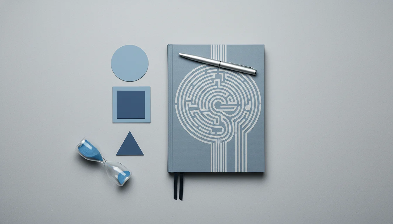 Blue-toned workspace with an hourglass and a notebook marked by a maze-like dollar sign.