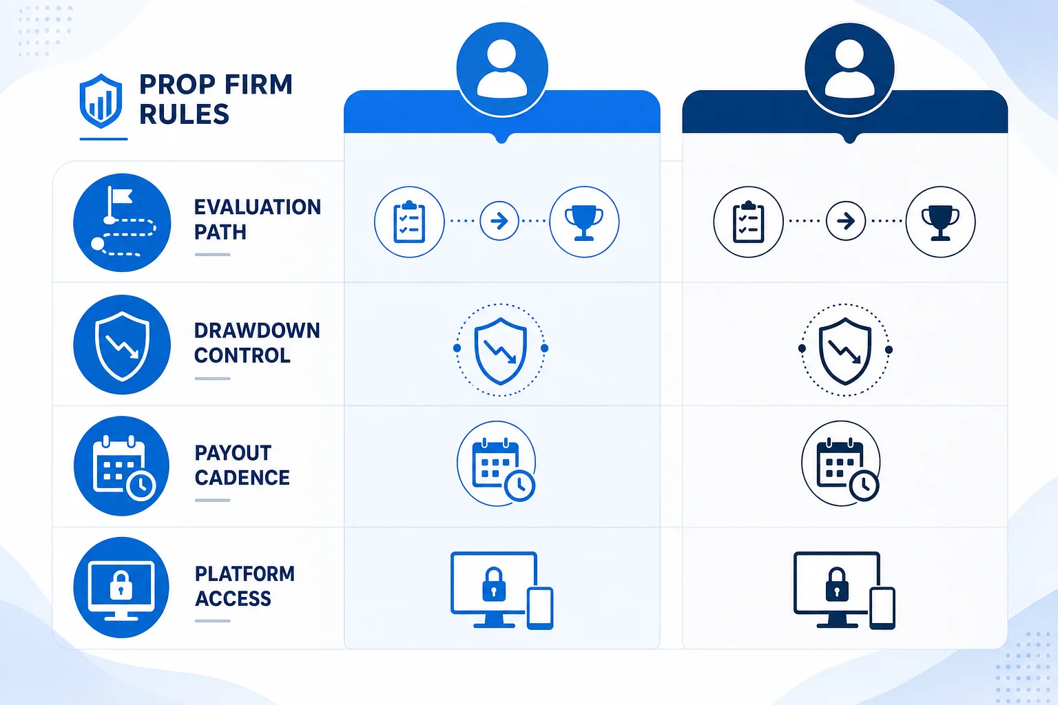 Side-by-side prop firm comparison visual with icons for evaluation path, drawdown, payouts, and platforms.