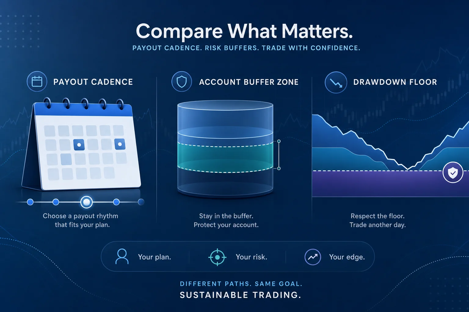 Conceptual payout cadence and risk buffer visual for comparing prop firm rules.