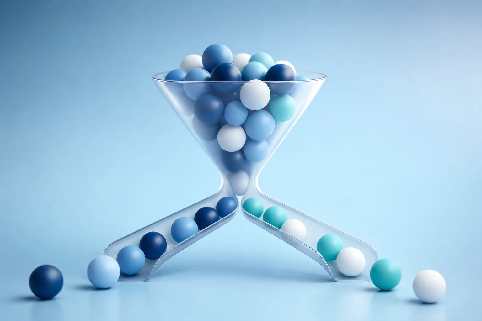 Abstract blue illustration of a funnel sorting spheres into two separate channels, accompanying the section on what counts as a real payout denial.