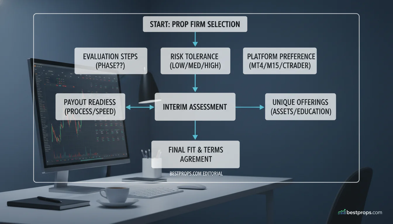 Prop firm decision flow for choosing between For Traders and FTMO