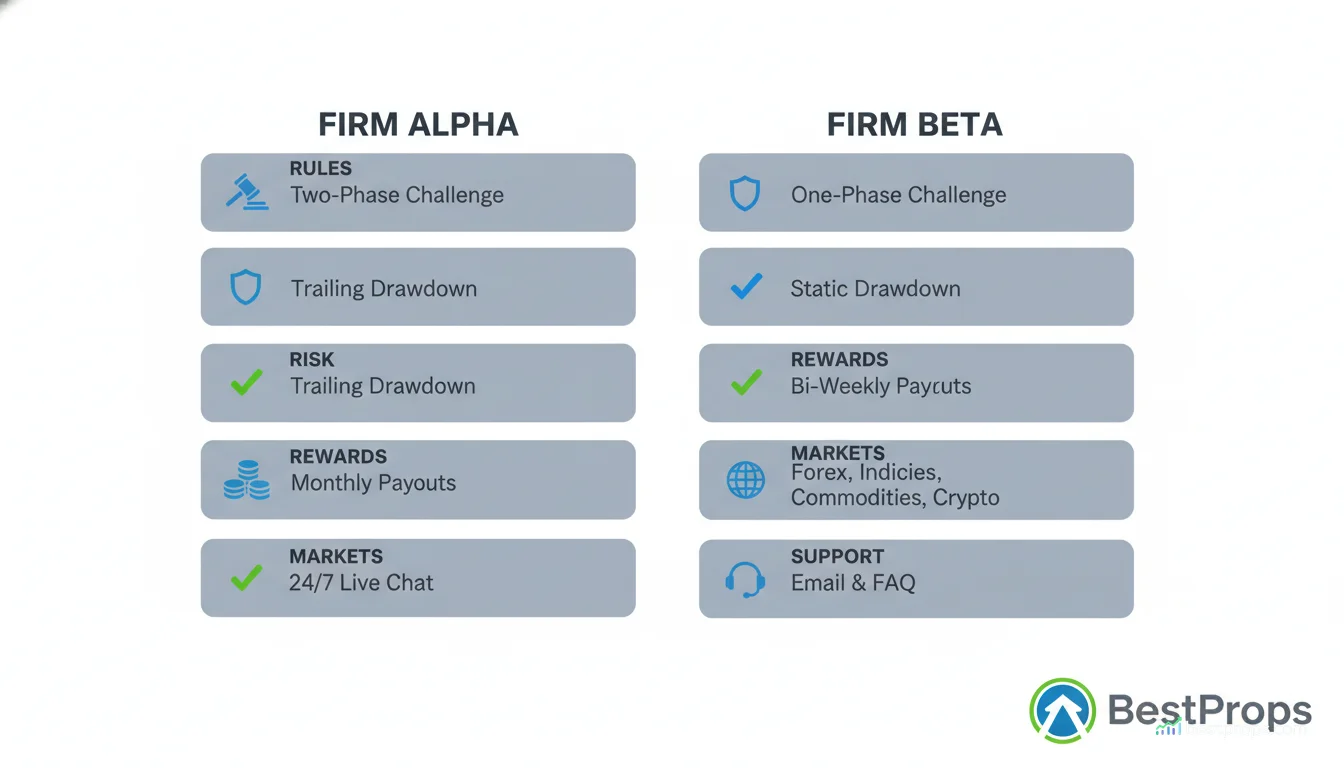 Prop firm comparison checklist with risk and reward icons