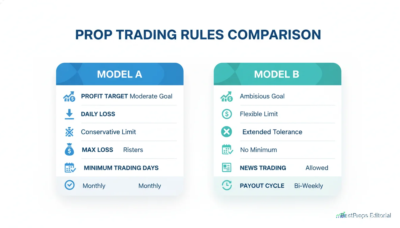 Educational rules matrix comparing prop firm decision points