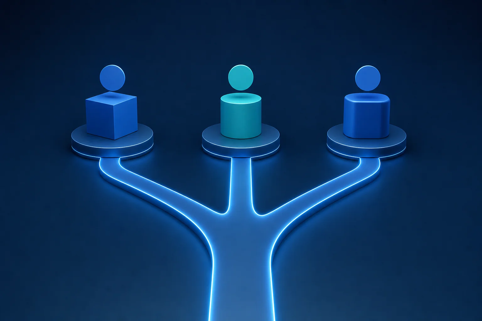 Illustration of a path branching into three lanes leading to distinct account-type payout tokens.