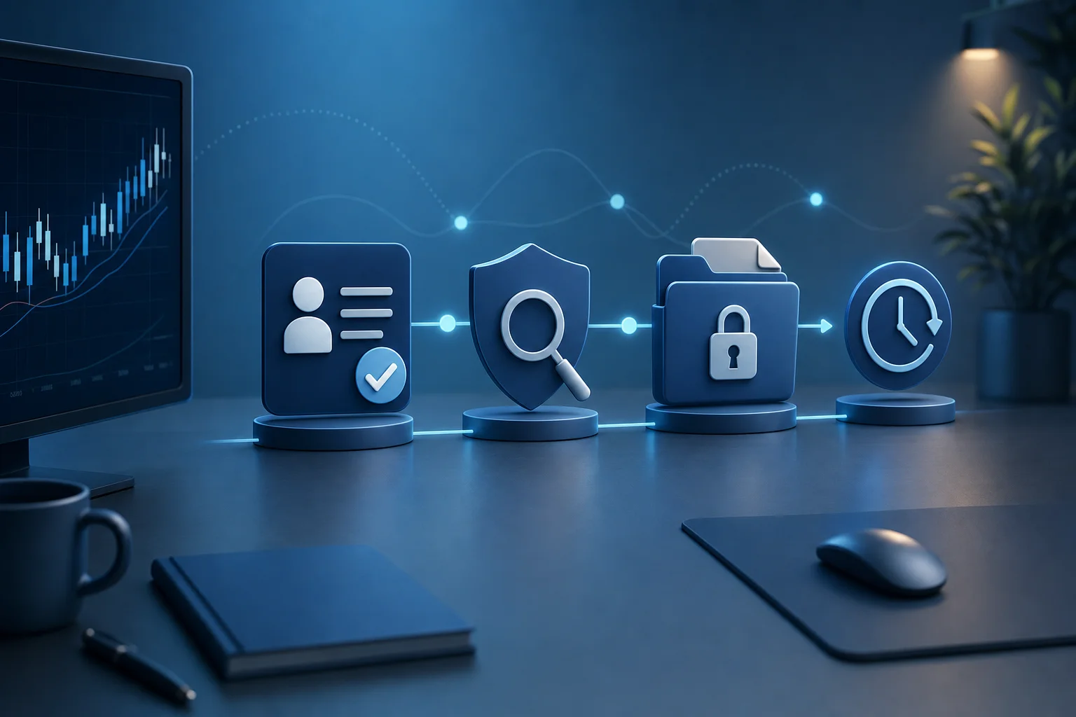 Illustration of an abstract payout review path and secure account checkpoint.