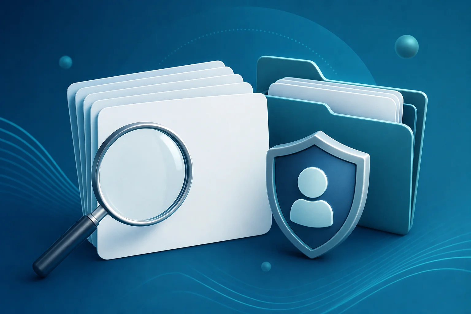 Illustration of anonymized records with a magnifier and privacy shield.
