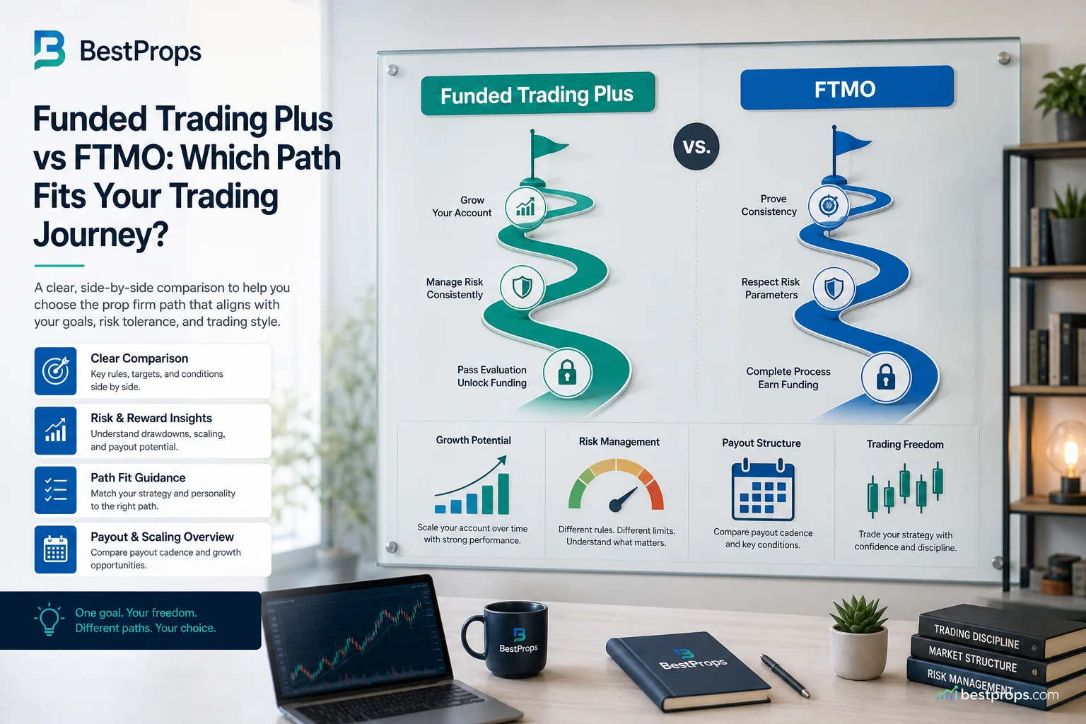 Two prop firm evaluation paths on a trading desk