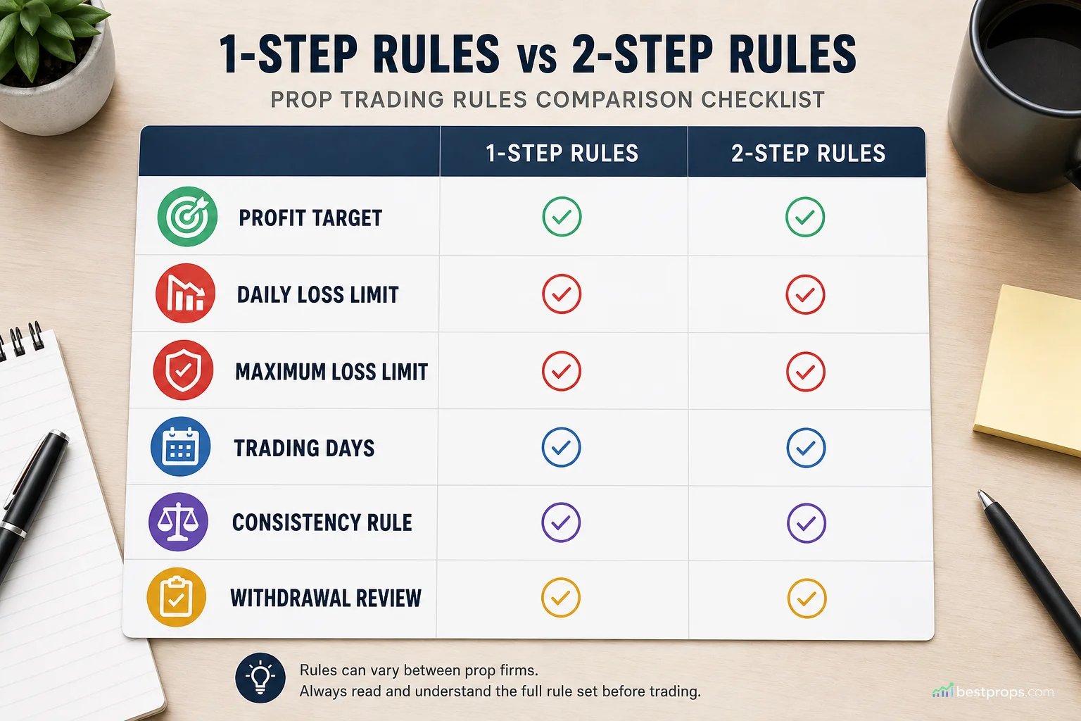 Prop firm comparison checklist with risk and reward icons