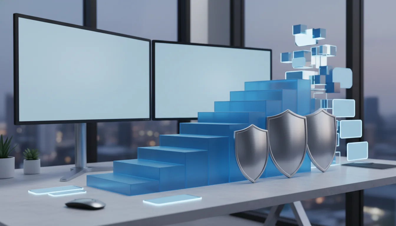 Capital growth stair-step scene with risk-control shields for prop trading scaling plans.