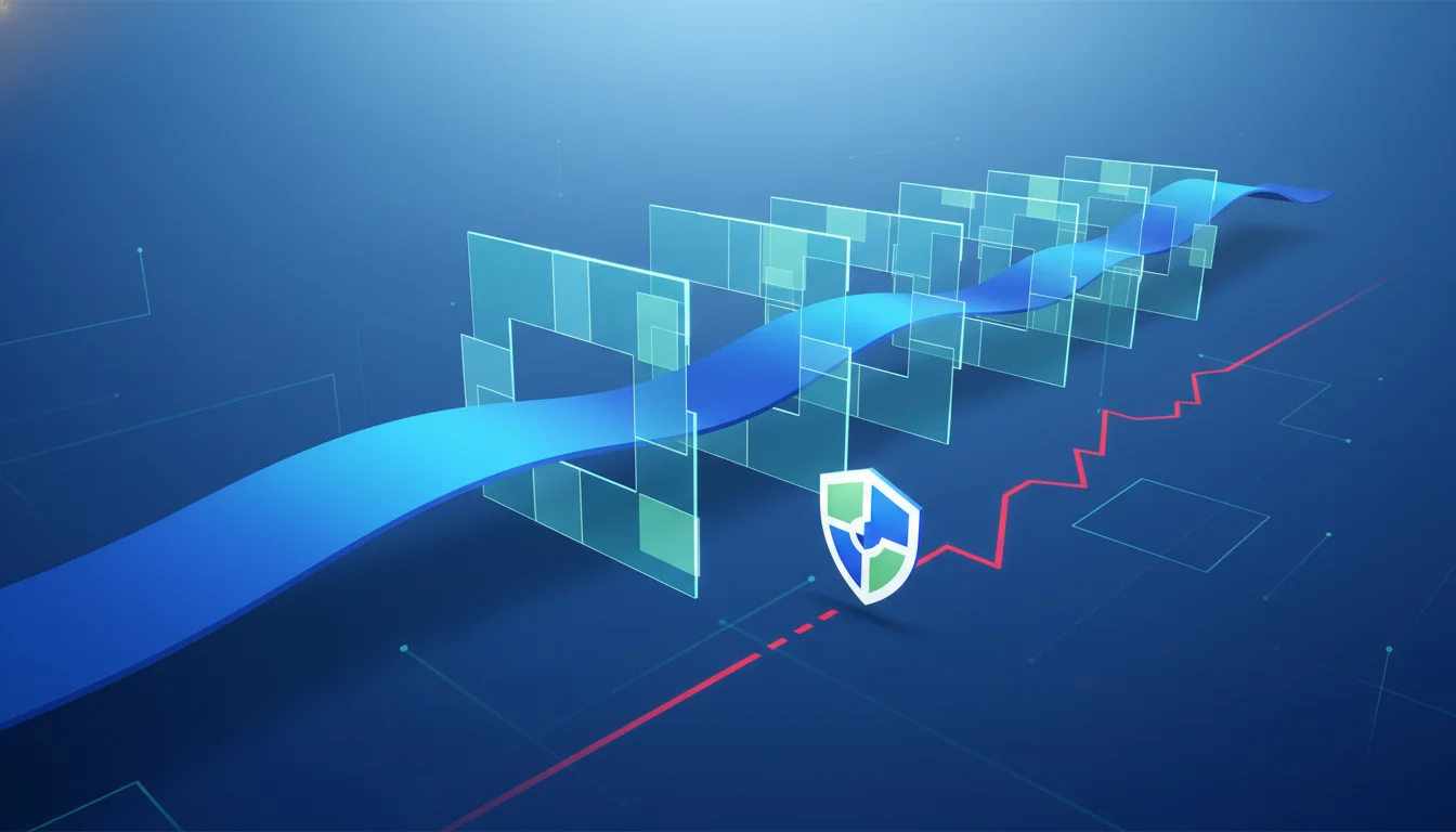 Abstract capital path passing through drawdown guardrails with a shield marker.
