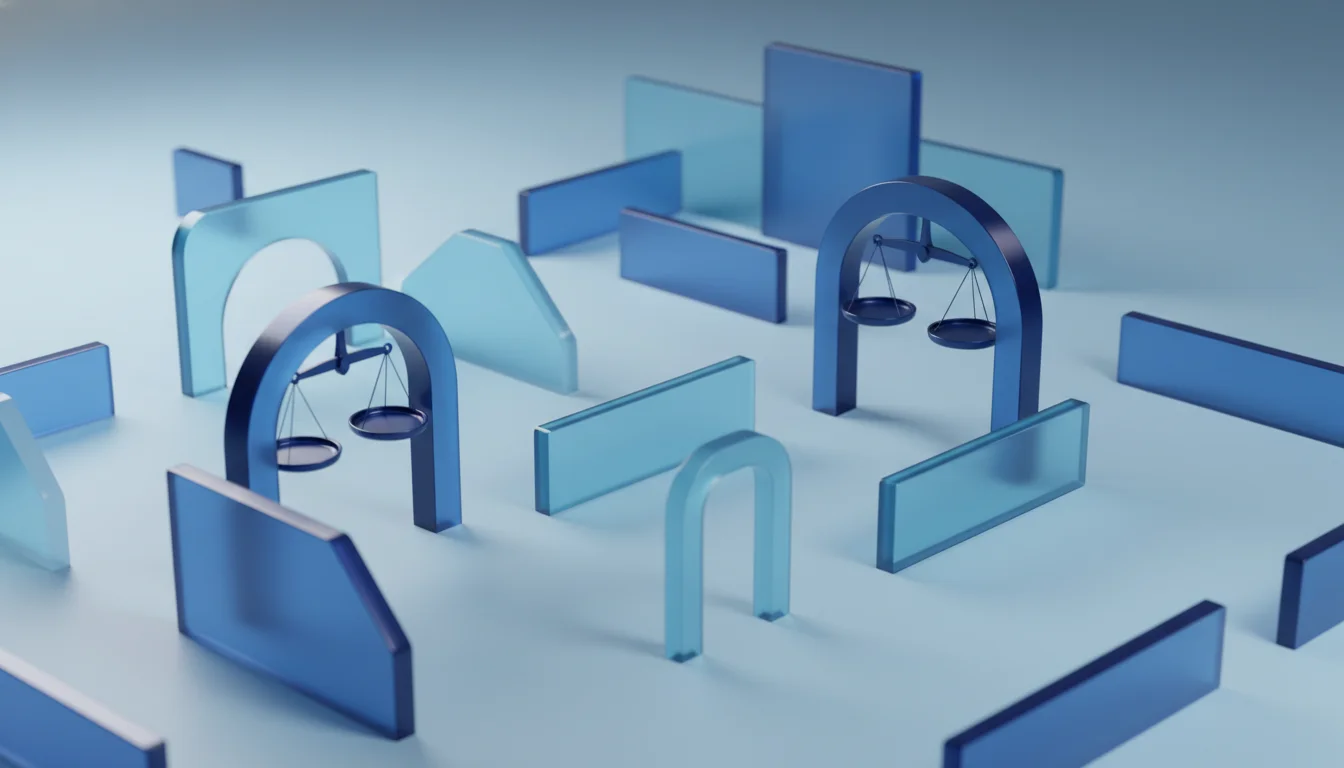 Abstract prop firm rule gates and balance scales representing drawdown and consistency requirements.