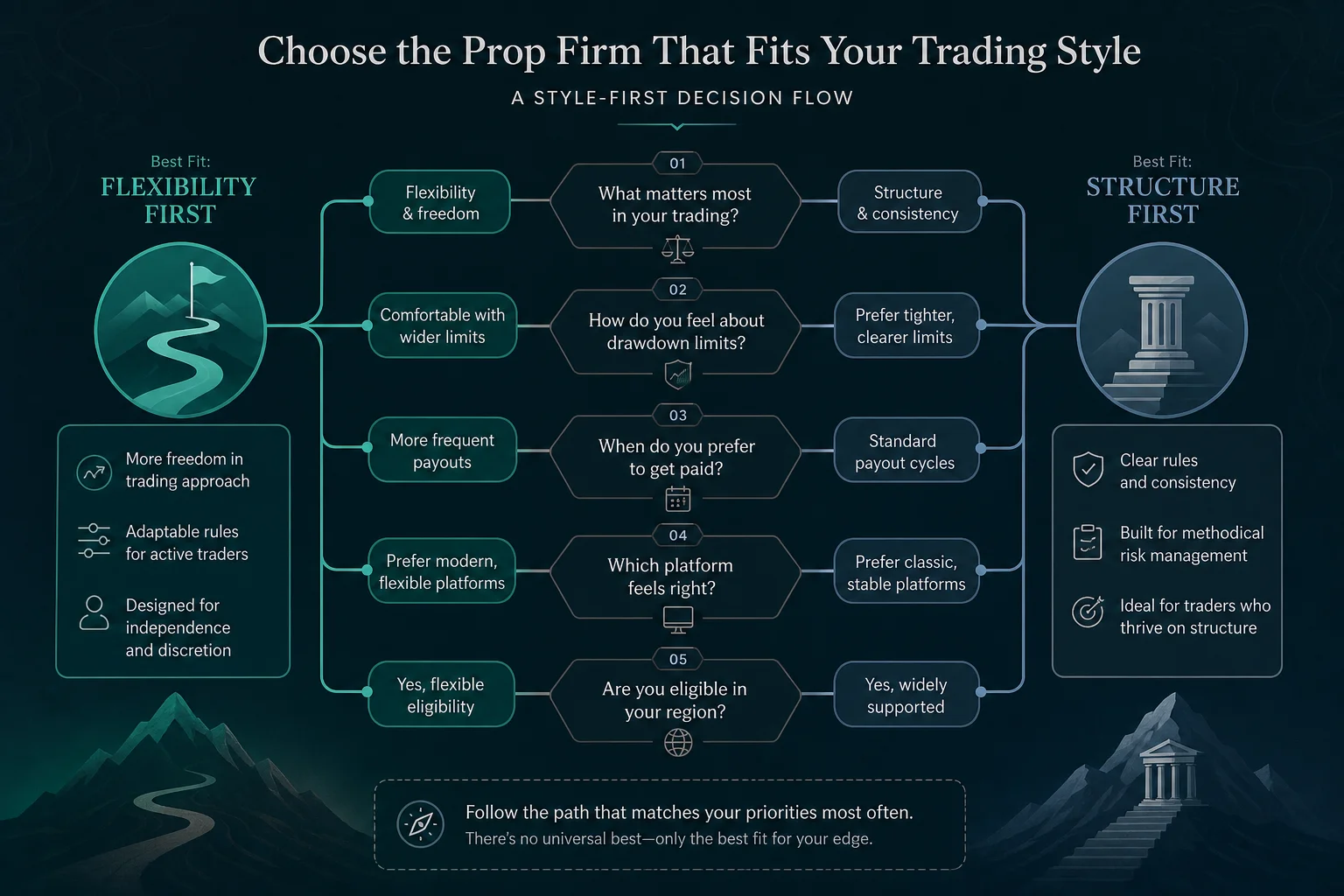 Abstract decision flow for choosing a prop firm by flexibility, structure, drawdown comfort, payout timing, platform preference, and region eligibility.