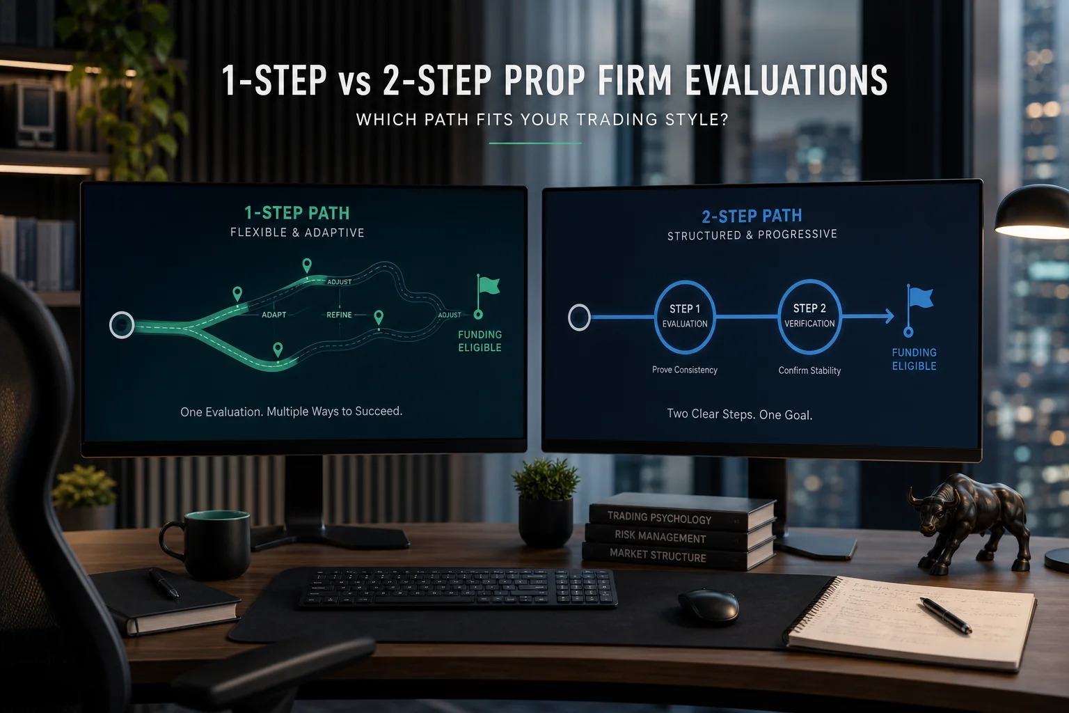 Two abstract prop trading evaluation paths on a trading desk, one flexible and one structured.