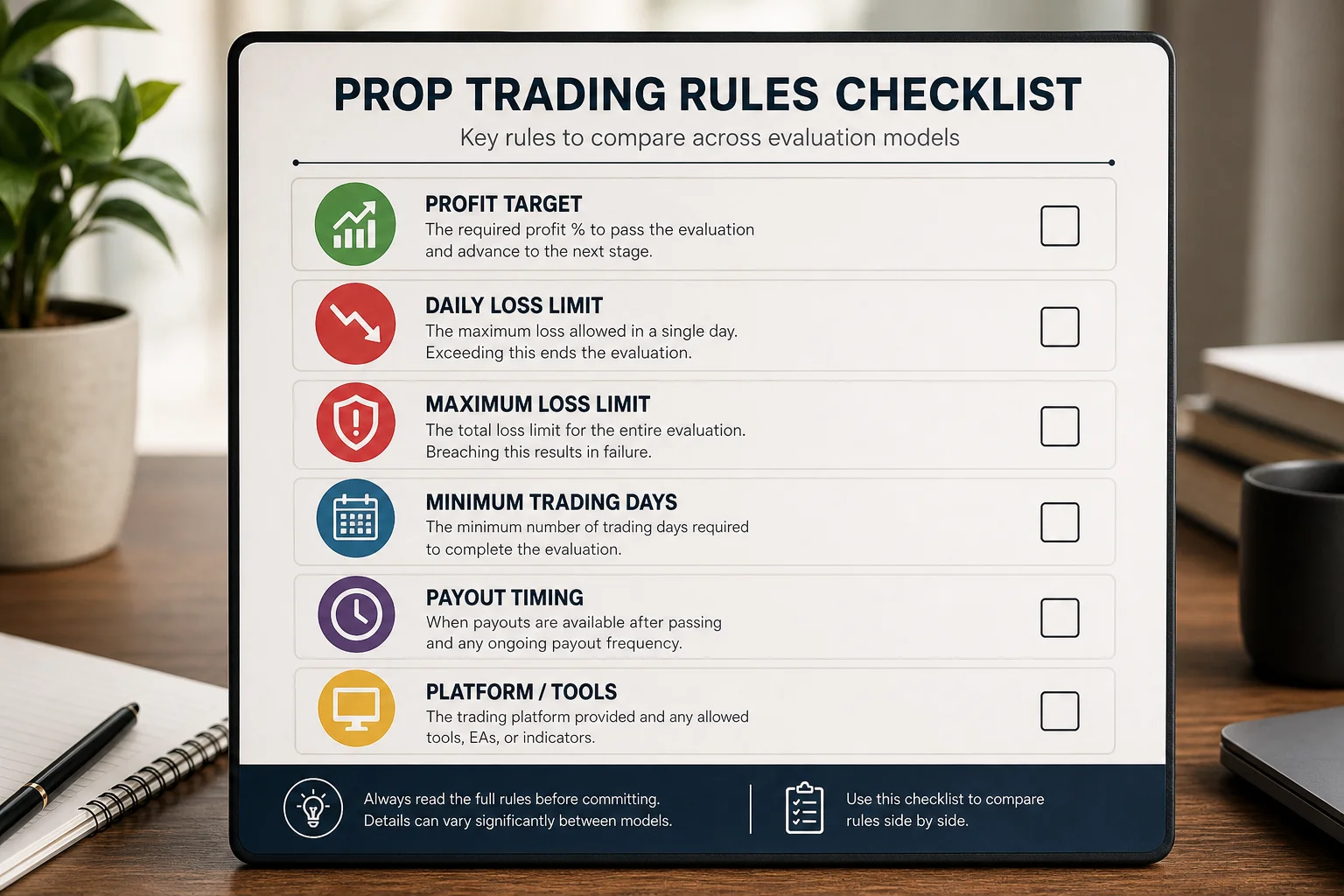 Generic prop trading rules checklist showing profit target, daily loss, maximum loss, trading days, payout timing, and platform choice.
