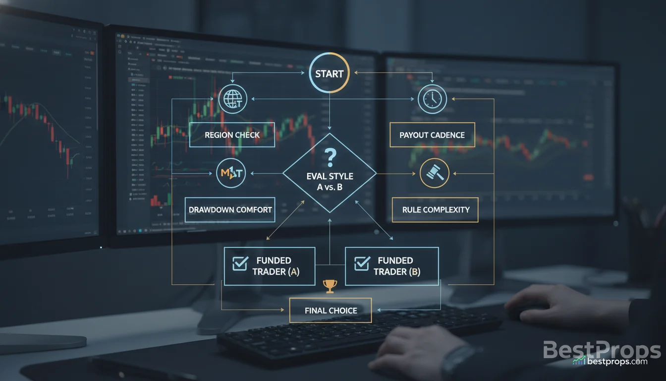Abstract decision flow for choosing a prop firm by flexibility, structure, drawdown comfort, payout timing, platform preference, and region eligibility.