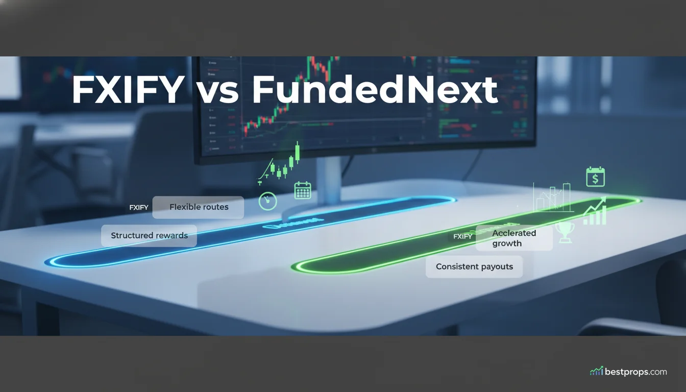 Two abstract prop trading evaluation paths on a trading desk comparing flexible routes and structured rewards.