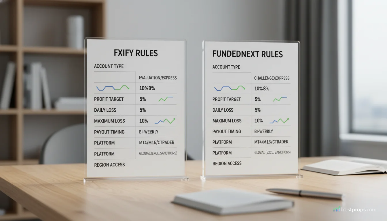 Generic prop trading rules checklist showing profit target, daily loss, maximum loss, trading days, payout timing, and platform choice.