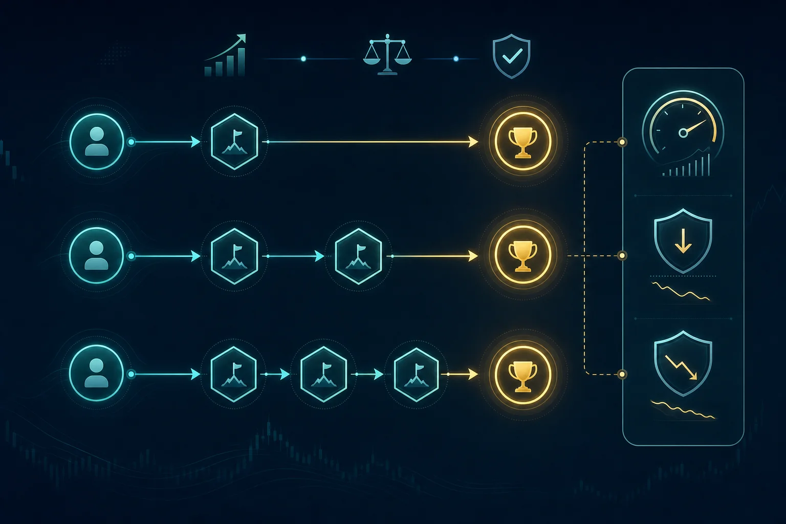 Abstract flowchart of Goat Funded Trader and FTMO prop firm evaluation models and trading rules