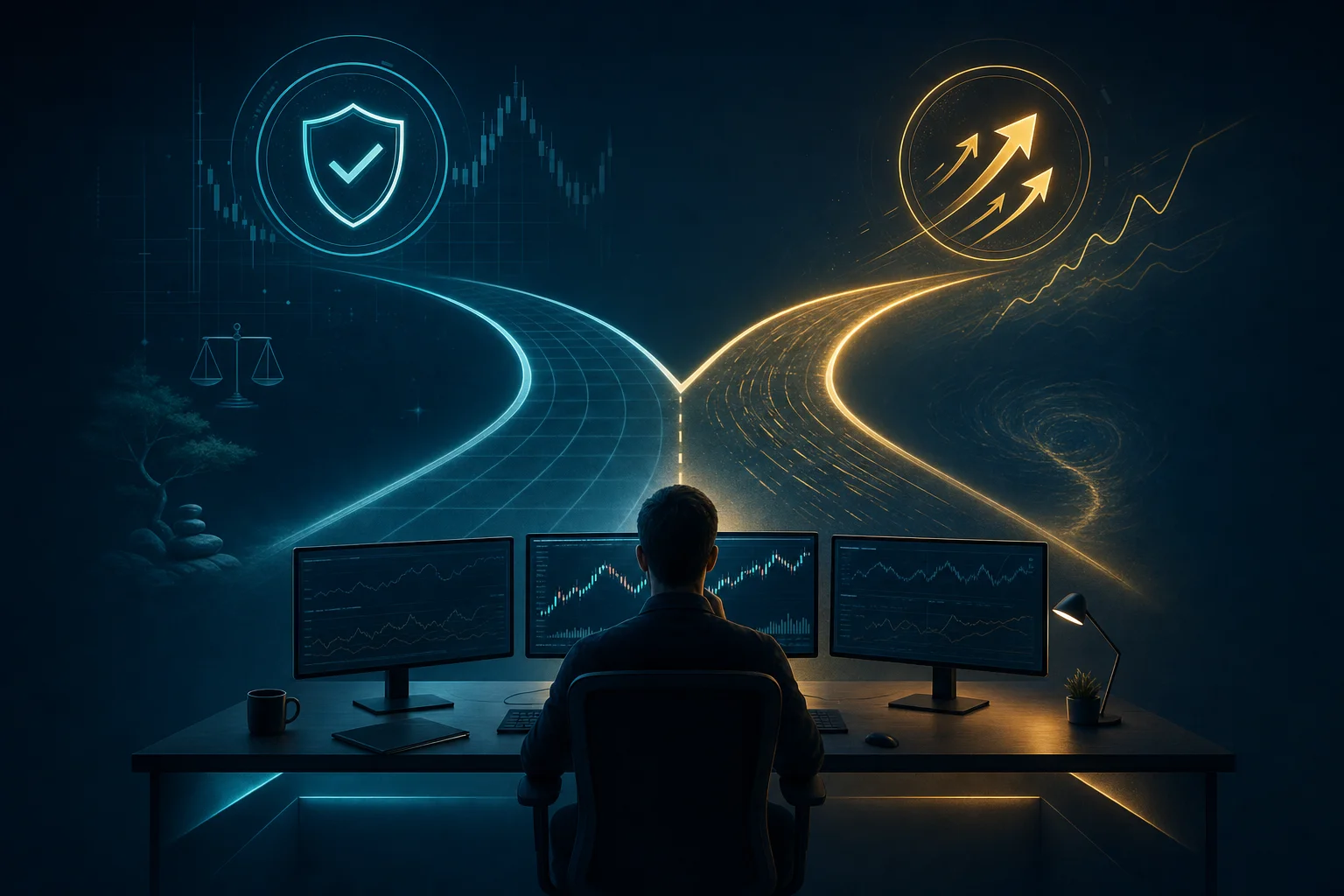 Trader at a fork in the road choosing between a structured and a flexible prop firm