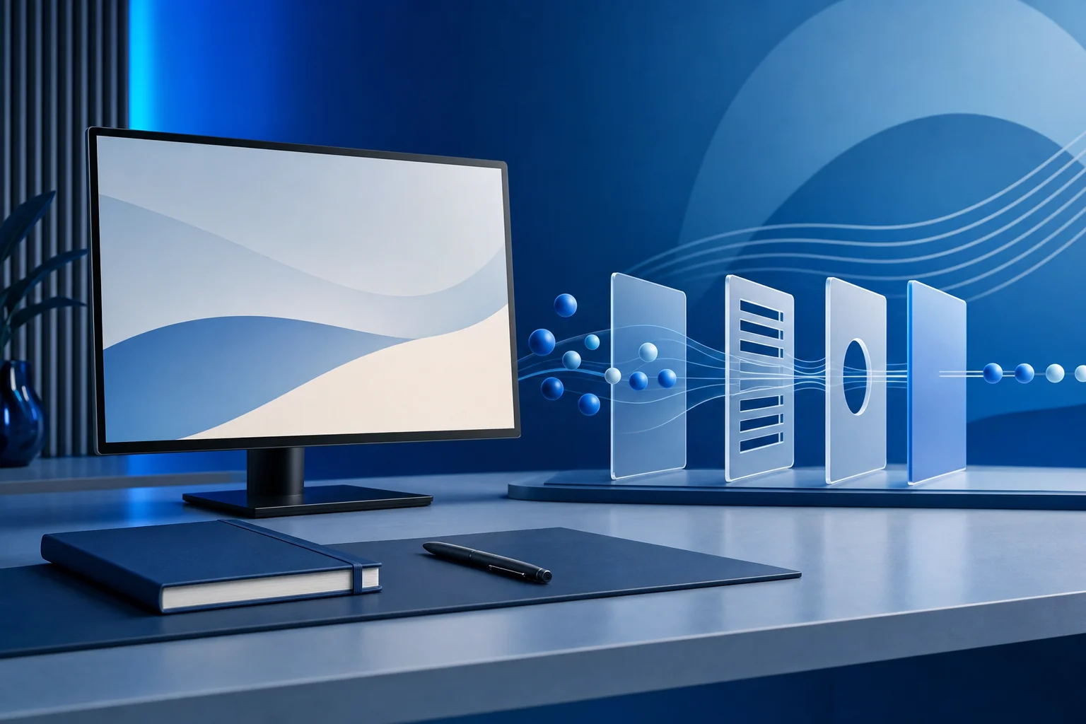 Abstract blue workspace with unlabeled rule-gate shapes representing prop firm payout rules.