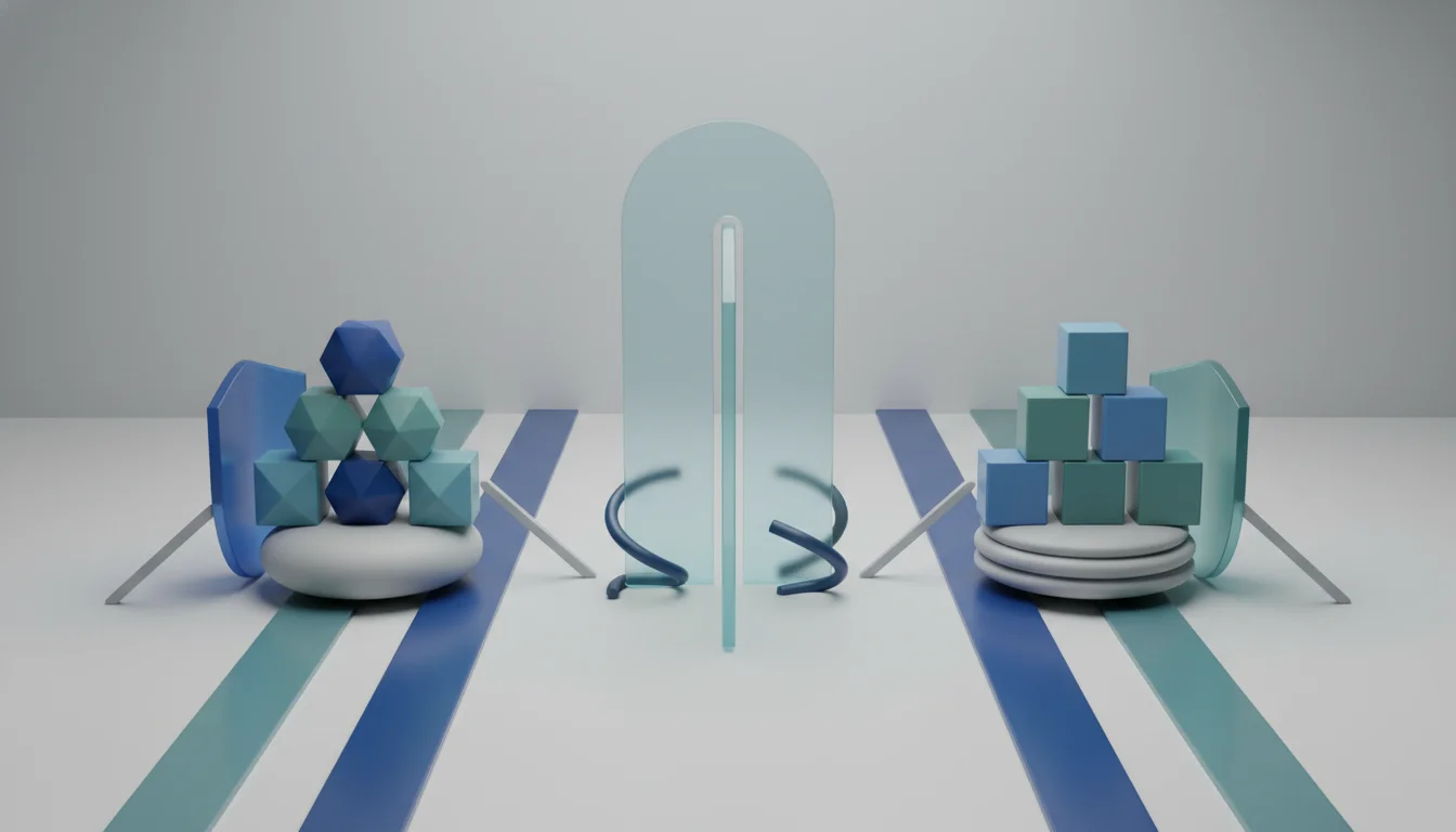 Abstract side-by-side panels symbolizing tradeoffs between two funding model approaches.