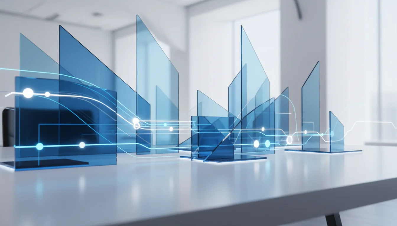 Abstract connectivity paths across blue glass panels.