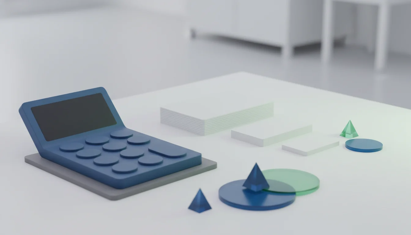 Unlabeled calculator and account planning shapes on a desk.