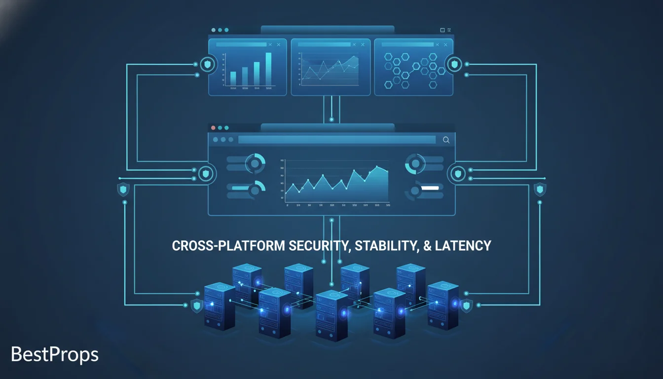 Abstract workflow showing desktop trading, browser charting, and data infrastructure layers.
