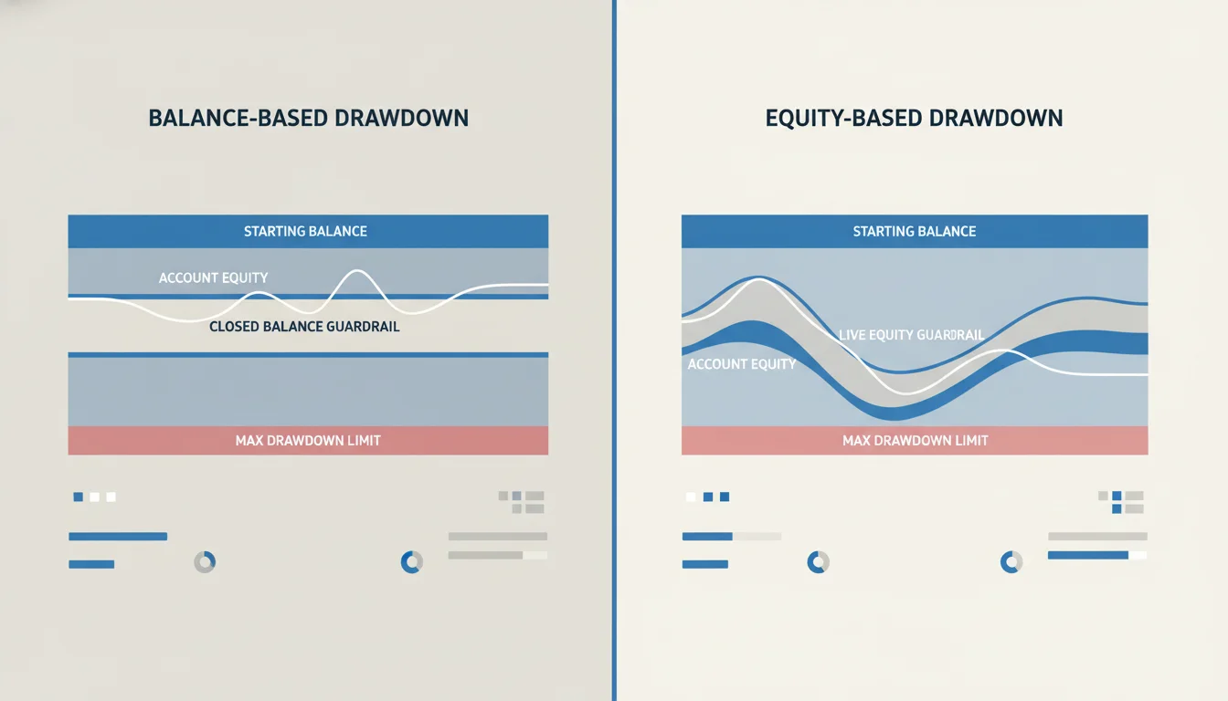 Side-by-side visual of balance-based and equity-based drawdown checks.
