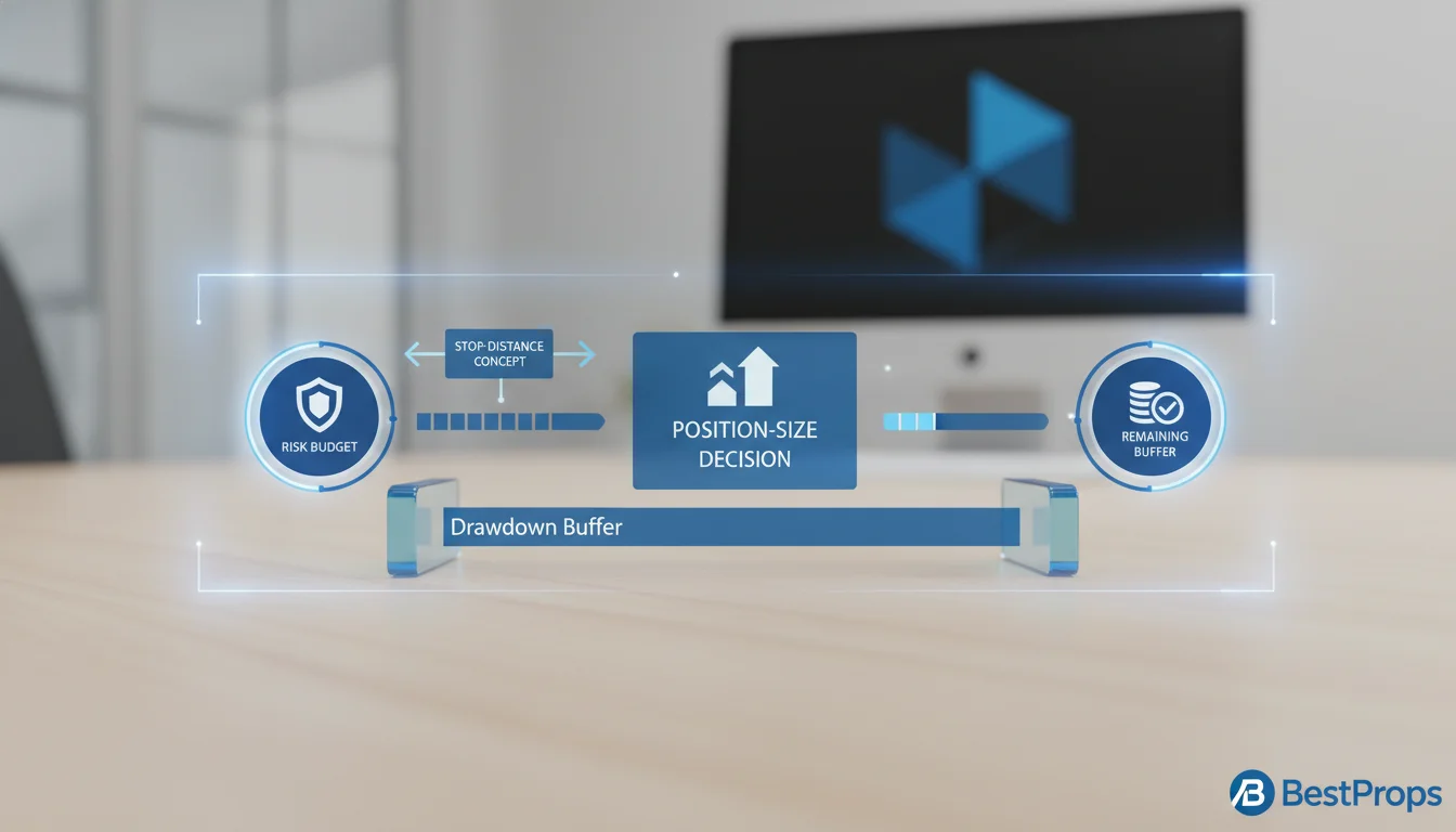 Workflow visual for sizing trades around a prop firm drawdown buffer.